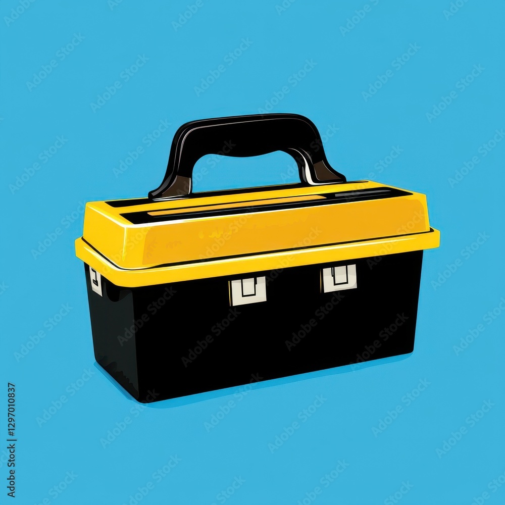 A vibrant yellow and black toolbox against a bright blue background, symbolizing creativity and repair. A vibrant yellow and black toolbox against a bright blue background, symbolizing creativity and repair.