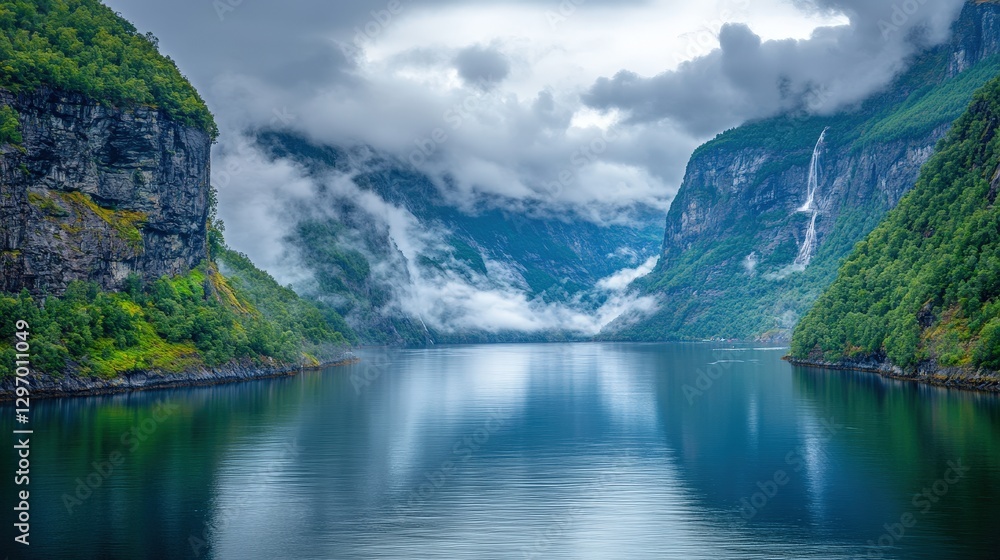 Fototapeta premium Dramatic Fjord with Deep Blue Waters Reflecting Towering Cliffs