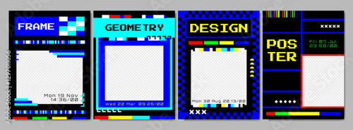 Vector illustration. Overlay frame in retro futuristic style. Y2k concept with neon colors and bold shape. Design element for poster, book or magazine cover, layout, flyer. 90s, 00s retro tech graphic
