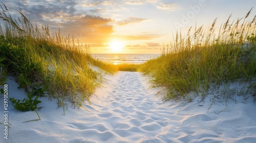 A sunlit beach path framed with tall grasses near the ocean