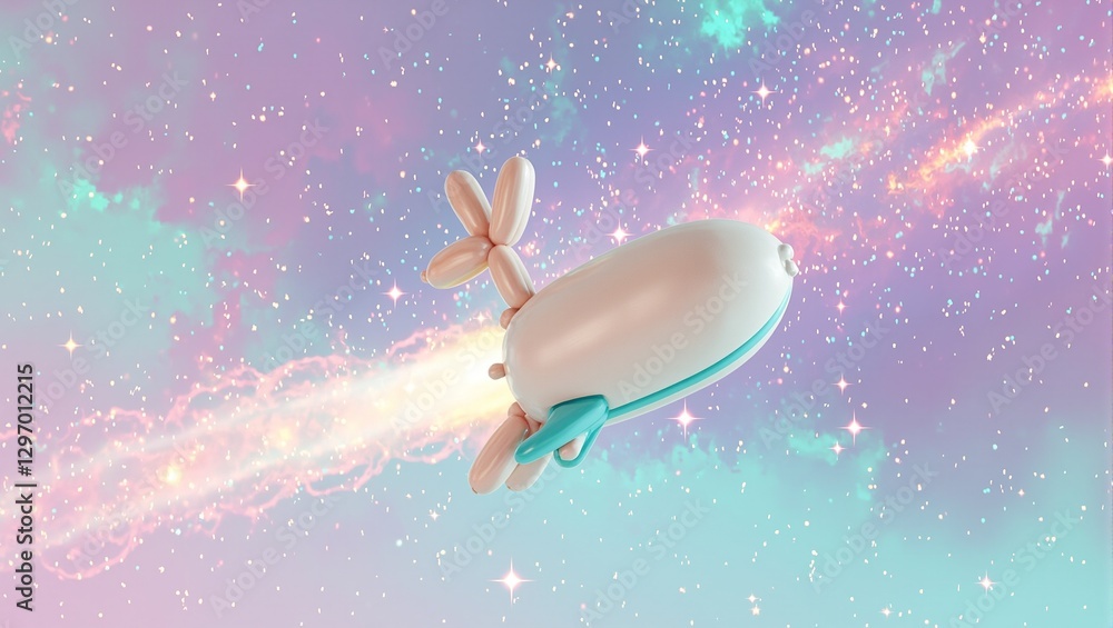 Naklejka premium A playful balloon animal rocket flies through a pastel nebula with sparkling stars leaving a whimsical trail in the sky