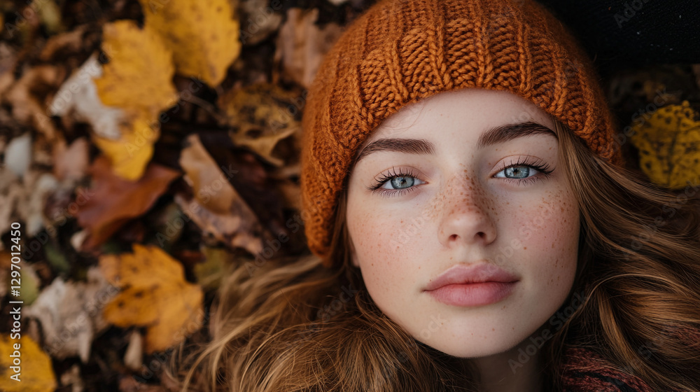 Beautiful girl with freckles in autumn leaves wearing knit hat fall cute face eyes hair woman brown Beautiful girl with freckles in autumn leaves wearing knit hat fall cute face eyes hair woman brown