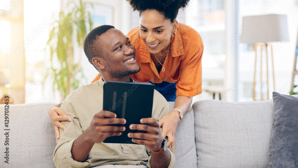 Home, internet and couple with a tablet, love and social media with communication, connection and typing. Apartment, black man and woman with technology, smile or network with bonding, relax or email Home, internet and couple with a tablet, love and social media with communication, connection and typing. Apartment, black man and woman with technology, smile or network with bonding, relax or email
