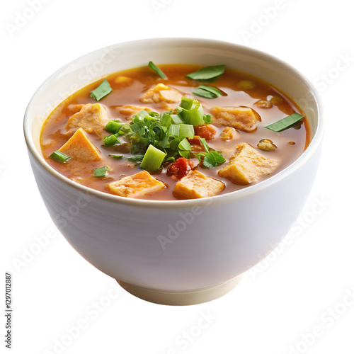 bowl of vegetable soup with chicken and cheese on white background 