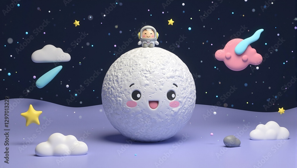 Fototapeta premium Whimsical 3D moon character with astronaut helmet whimsical space clouds shooting stars in a dreamy galaxy scene