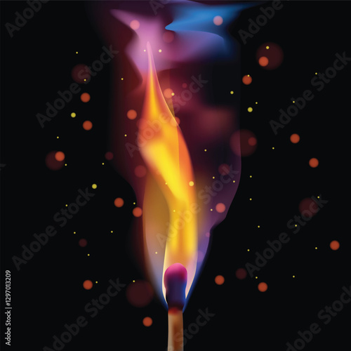 Burning Matchstick with Colorful Flame and Sparks - Vector Illustration