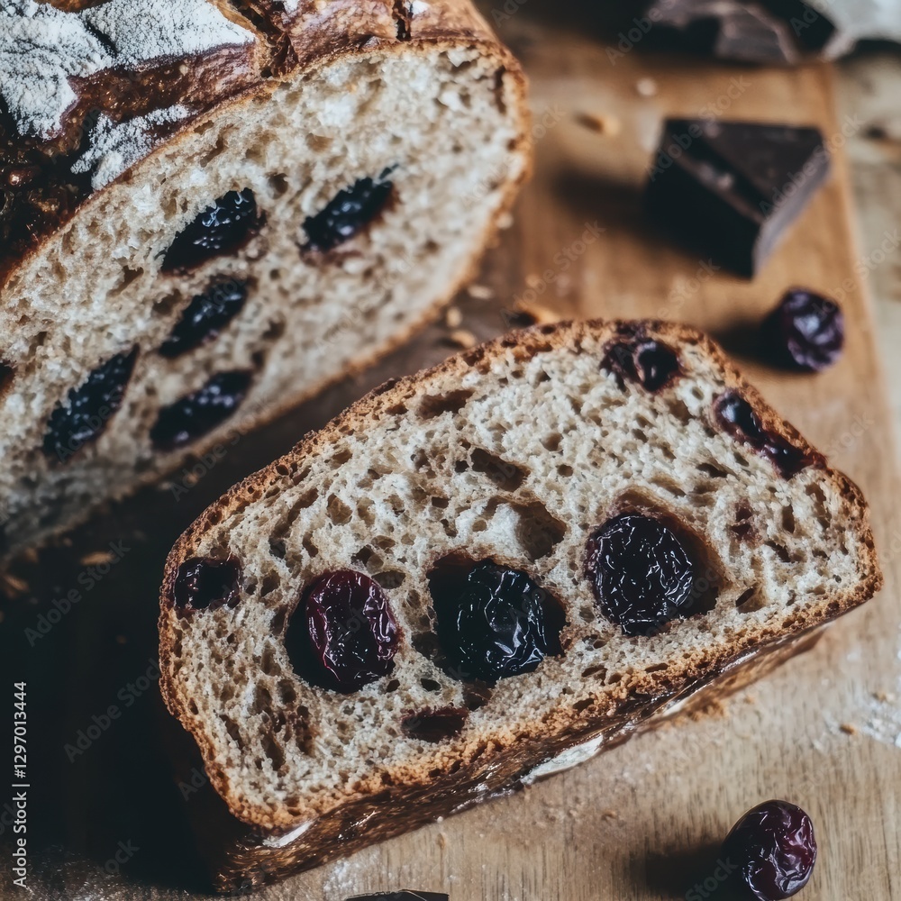 Cherry Sourdough Bread Loaf. Sliced sourdough bread with dried cherries on a wooden board Cherry Sourdough Bread Loaf. Sliced sourdough bread with dried cherries on a wooden board