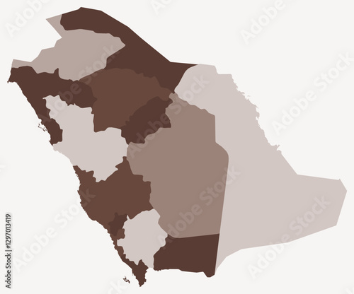 Map of Saudi Arabia with regions. Just a simple country border map with region division. Brown color palette. Blank Saudi Arabia shape with administrative division. Vector illustration.