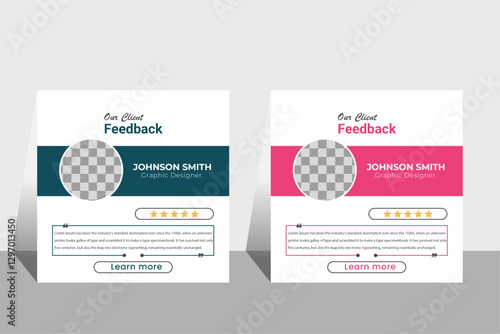 Customer service feedback review post template with star ratings. Modern & clean client testimonial or social media post design.
