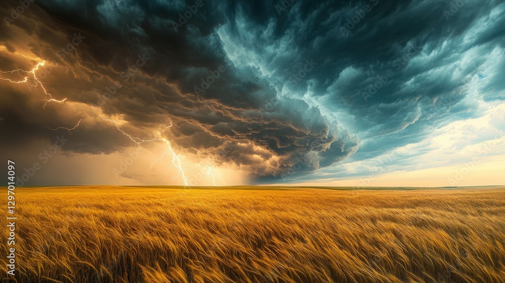 Dramatic Supercell Storm Illuminated by Lightning over Vast Prairie Dramatic Supercell Storm Illuminated by Lightning over Vast Prairie