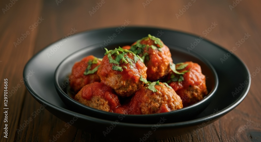 Delicious meatballs served in a rich tomato sauce with fresh herbs Delicious meatballs served in a rich tomato sauce with fresh herbs