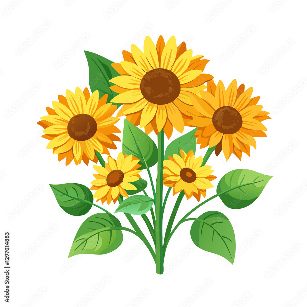 Obraz premium Sunflower Bouquet Vector Art – Fresh Blooms, Green Stems & Botanical Elegance on White Background, Sunflower Bouquet Vector – Fresh Blooms & Green Stems, Botanical Sunflower Art – Bouquet 