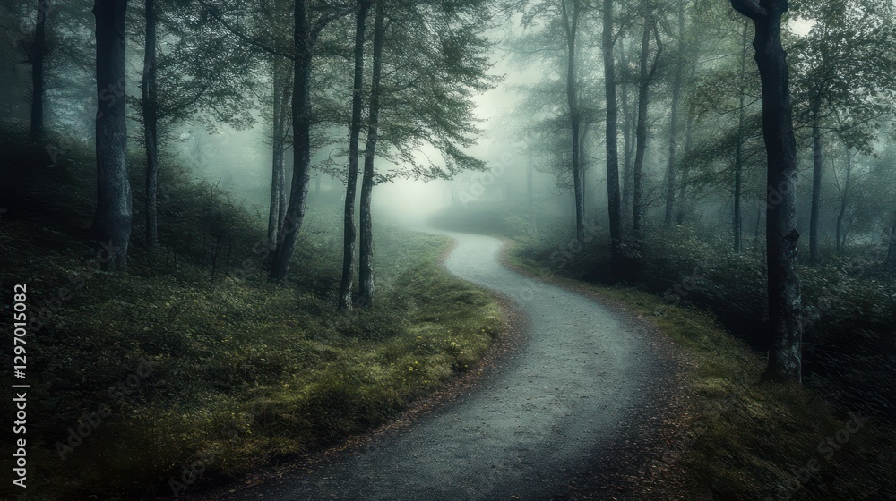 Naklejka premium A winding pathway through a misty and dense forest environment
