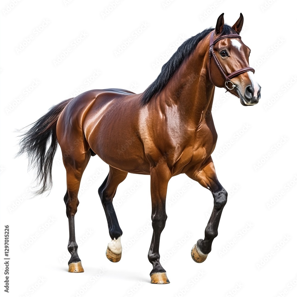 Fototapeta premium Bay Sport Horse Isolated on White Background, Majestic and Athletic Horse Perfect for Equestrian Sports