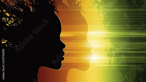 African woman profile silhouettes, vibrant background, artistic, profile, abstract, sunset, beauty, for posters, prints, social media