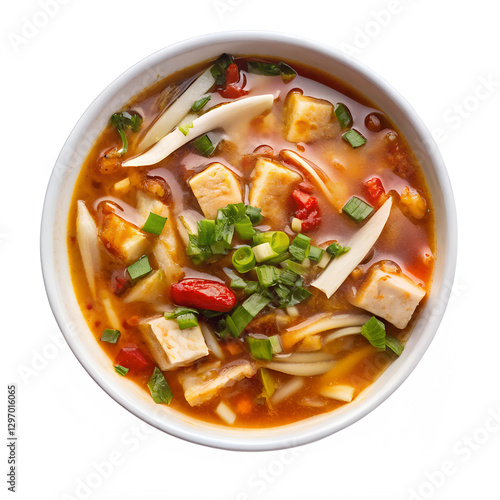 chicken and vegetable soup with cheese on white background 