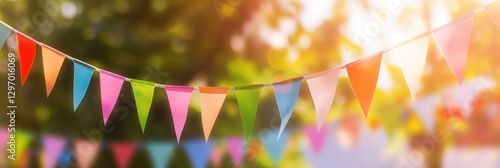 string of vibrant colorful triangular flags swaying in warm daylight with festive cheerful atmosphere copyspace concept of events, marketing, party rentals