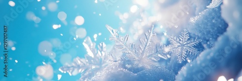 Snowflakes sparkle on soft snow during a bright winter day under a blue sky in a serene landscape. Generative AI