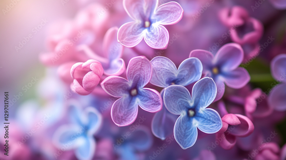 Fototapeta premium Closeup view of delicate lilac blossoms pastel purple pink flowers blooming springtime nature floral