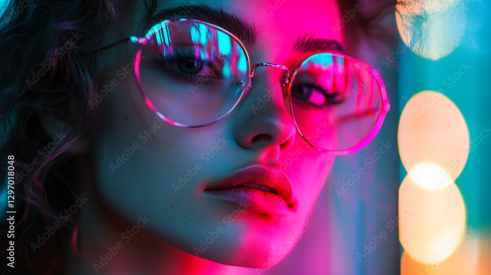 Stylish woman portrait neon lights pink blue trendy glasses girl face eyes hair style model night Stylish woman portrait neon lights pink blue trendy glasses girl face eyes hair style model night