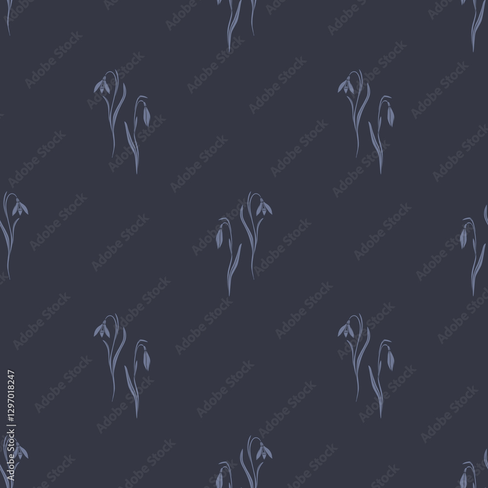 Obraz premium Seamless pattern of snowdrops blooming in early spring against a dark background
