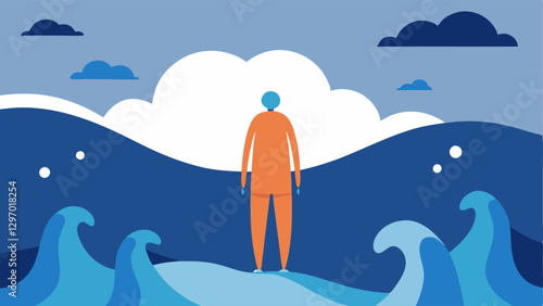 Waves of Emotion A character on a beach surrounded by large waves with labels like anxiety sadness and loneliness representing the overwhelming emotions that can arise from