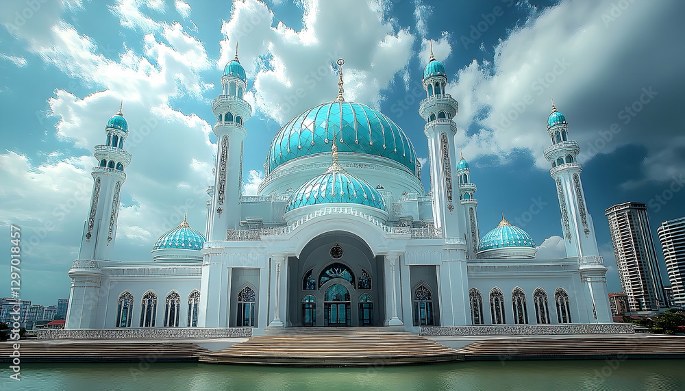 Obraz premium Majestic mosque with turquoise domes and minarets under a dramatic sky, reflecting in the water