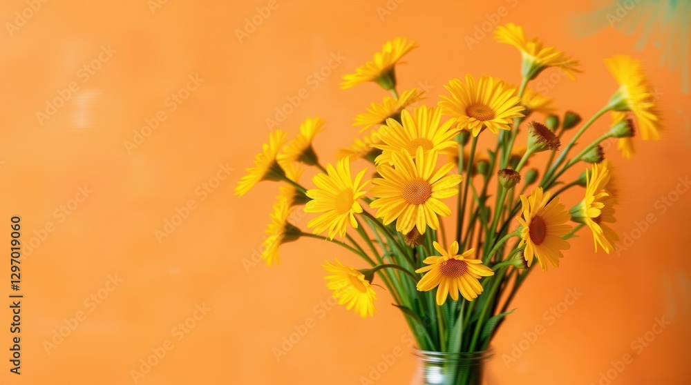 Fototapeta premium Sunshine Yellow Flowers Daisies Daisy in a Vase with Terracotta Wall behind