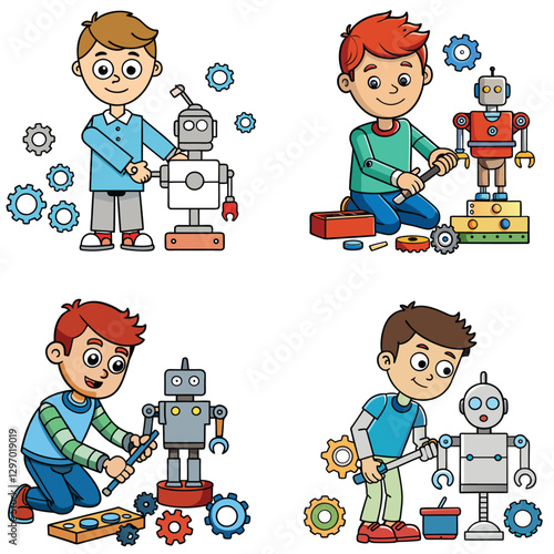 A brilliant cute school boy impressed everyone by showing his creativity and robotic innovation cartoon type art illustration
