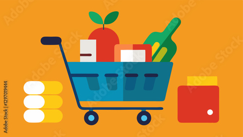 Shopping Cart with Empty Wallet A shopping cart overflowing with everyday groceries like bread milk and vegetables next to an empty wallet illustrating rising prices and dwindling