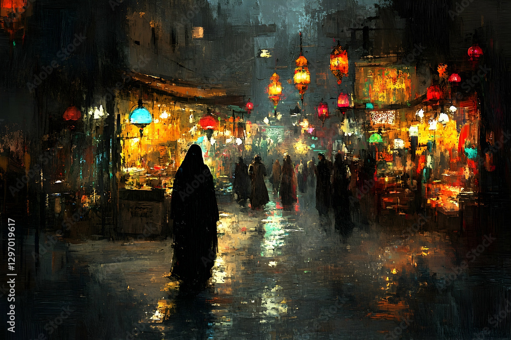 Fototapeta premium Night market scene with illuminated lanterns and people walking through a vibrant, bustling street