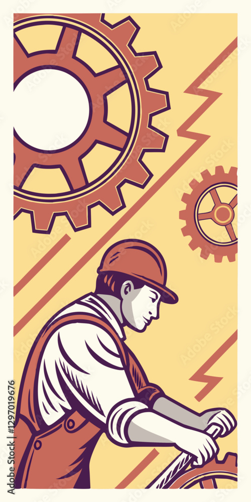 Fototapeta premium Vector Art Factory Worker Operating Machinery