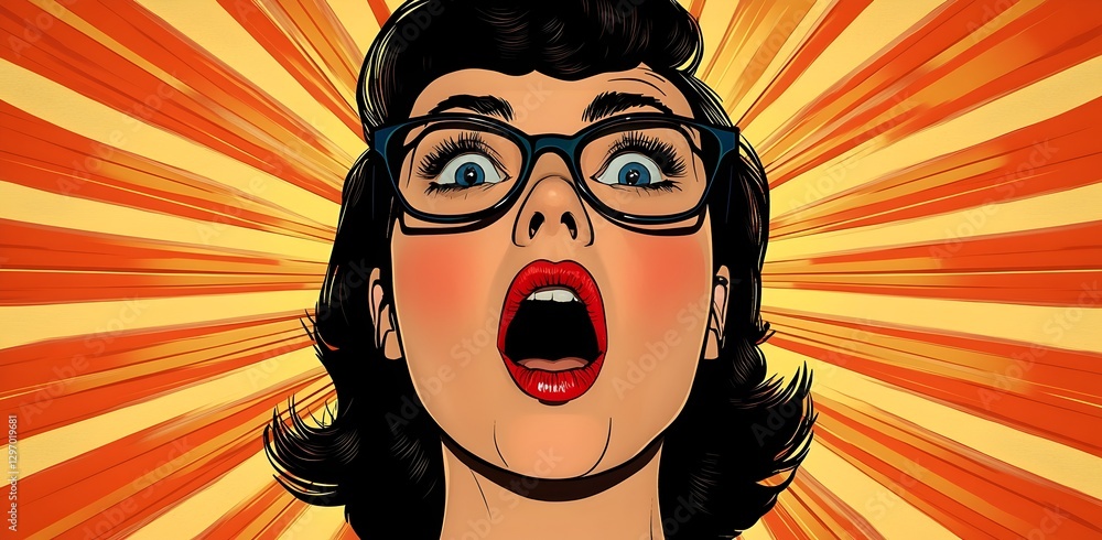 Pop Art Vector Illustration of a Surprised Woman with Glasses, Retro Colors and Sunburst Background Pop Art Vector Illustration of a Surprised Woman with Glasses, Retro Colors and Sunburst Background