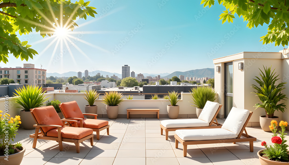 Fototapeta premium Serene rooftop garden with lounge chairs, bright sunny day, relaxation
