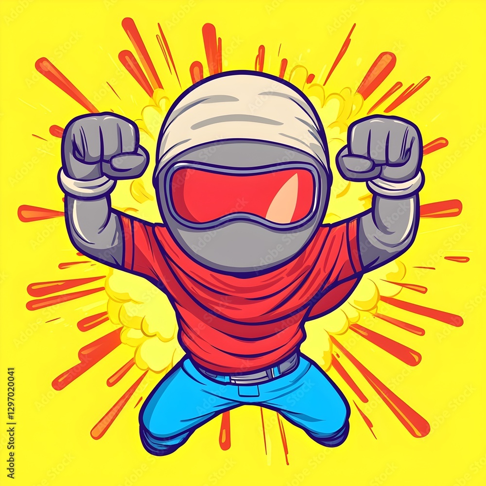 Obraz premium Masked Superhero Striking Dynamic Pose with Explosion Background, Comic Book Style, Vibrant Colors