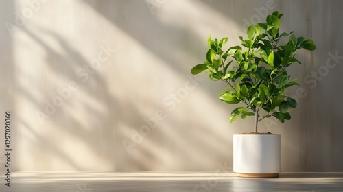 A vibrant green potted plant beautifully illuminated by soft light, casting gentle shadows, suggesting growth and vitality in a minimalistic indoor decor setting.