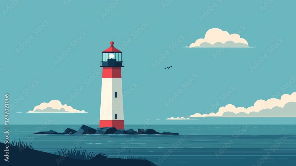 Charming Coastal Lighthouse With Bright Sky and Gentle Waves Charming Coastal Lighthouse With Bright Sky and Gentle Waves