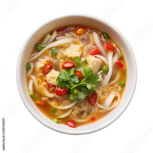 chicken noodle soup in a bowl on white background 