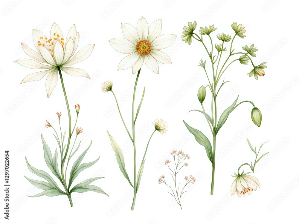 Delicate botanical illustrations of charming white flowers Delicate botanical illustrations of charming white flowers