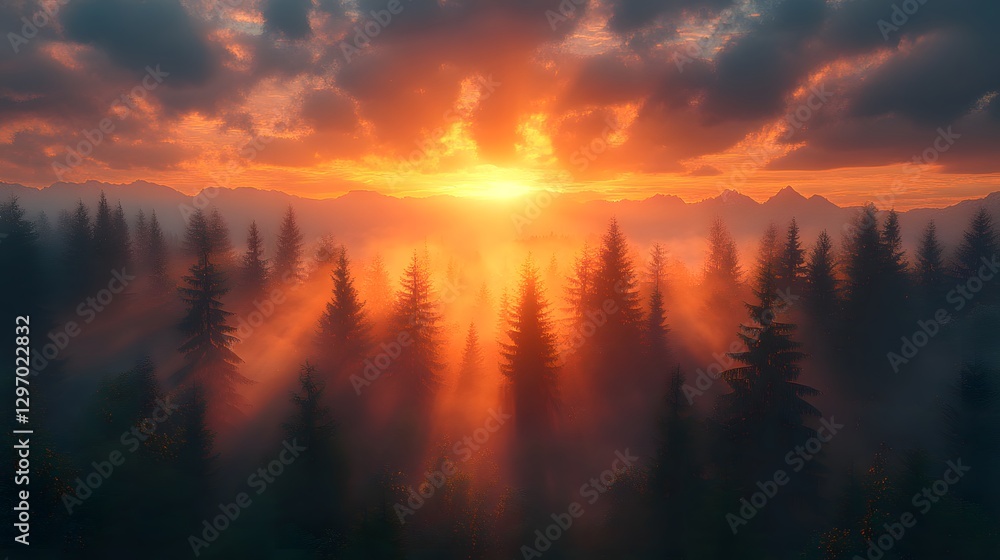 Fototapeta premium Witness the Enigmatic Dawn Unfolding in the Tranquil Carpathian Forest, Surrounded by Nature's Wonders