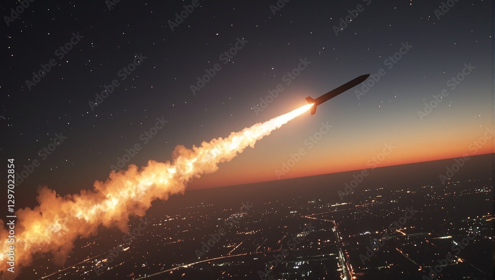 Fototapeta premium Dramatic hypersonic missile streaking through night sky towards city fiery trail blazing behind Bold powerful military concept