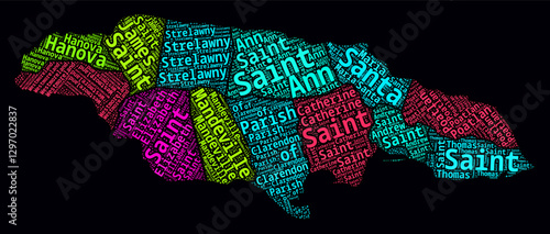 Jamaica word cloud. Region names of the country in English language. Bright neon style design on dark background. Jamaica shape with administrative division. Amazing vector illustration.