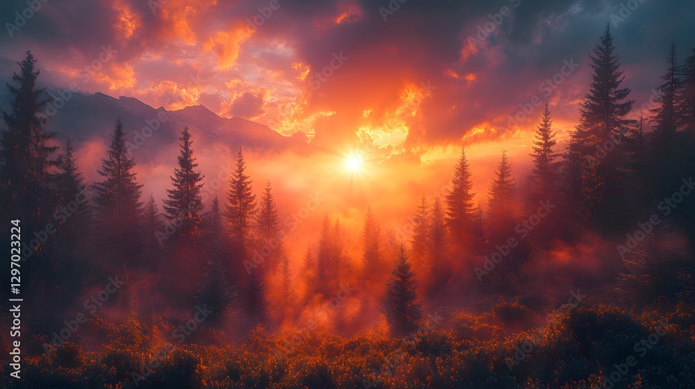 Fototapeta premium Witness the Enigmatic Dawn Unfolding in the Tranquil Carpathian Forest, Surrounded by Nature's Wonders