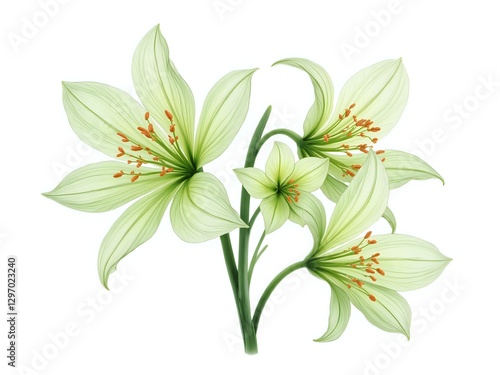 Delicate green flowers with intricate petals and orange stamen