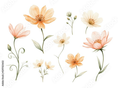 Delicate watercolor floral illustrations in soft pastel shades