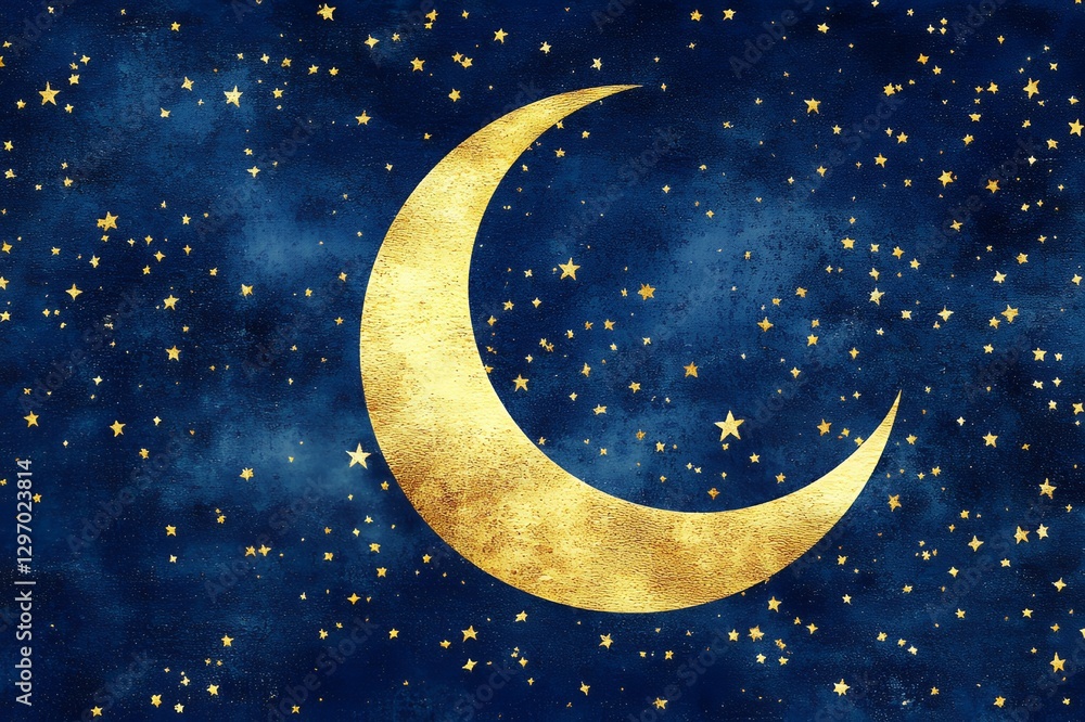 Naklejka premium Golden Crescent Moon Night Sky Celestial Stars Background art dark blue navy space image
