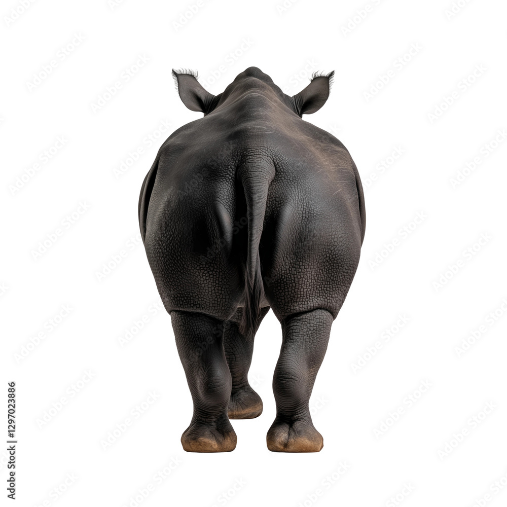 Rear View of a Black Rhinoceros isolated on white or transparent background, png. Easy to place on any other background Rear View of a Black Rhinoceros isolated on white or transparent background, png. Easy to place on any other background