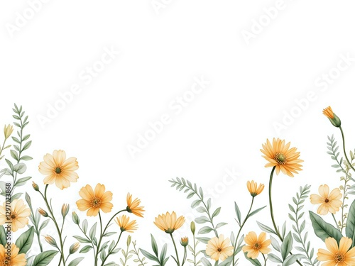 Bright yellow wildflowers and lush greenery on a white background