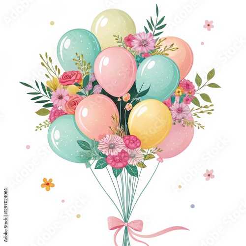 Colorful bouquet of pastel balloons with flowers in a whimsical design on a white background