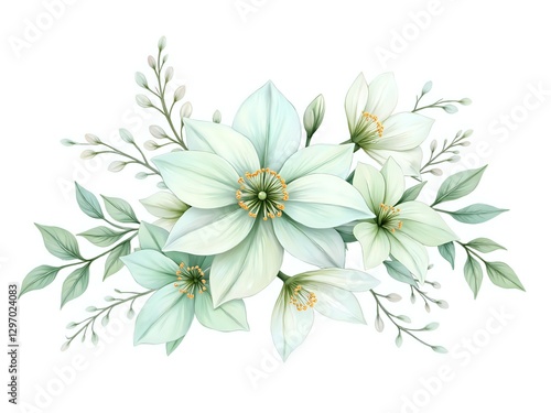Delicate floral arrangement with soft green and white tones